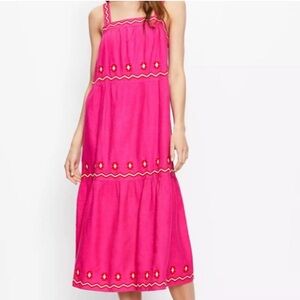 LOFT Petites Midi Dress in Hot Pink with Embroidered Accents